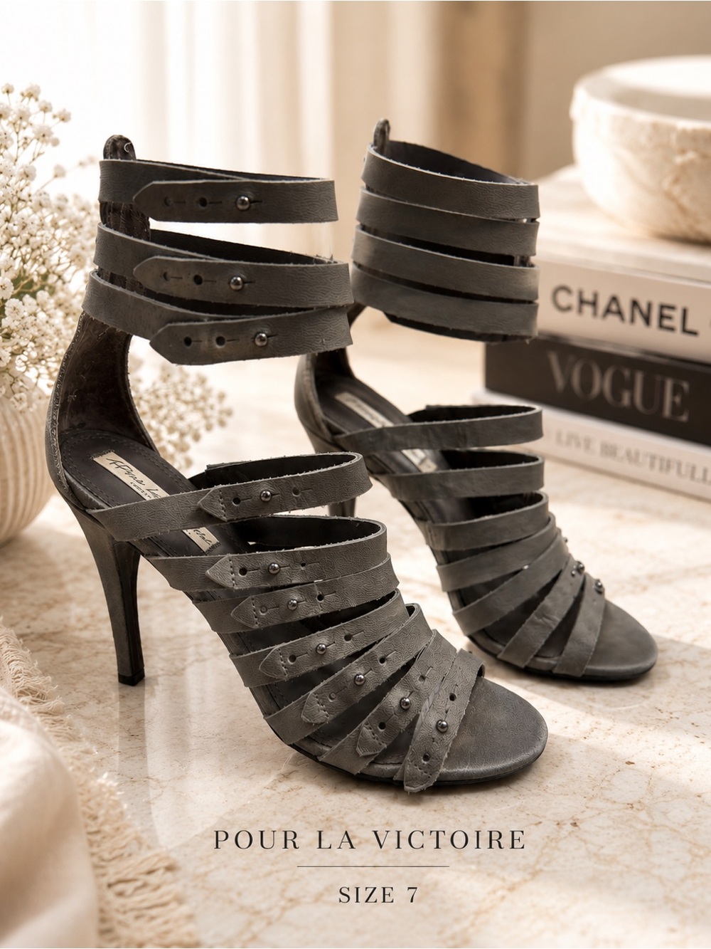 Pour La Victoire Gray Leather Strappy Gladiator Heels Sandals Size 7